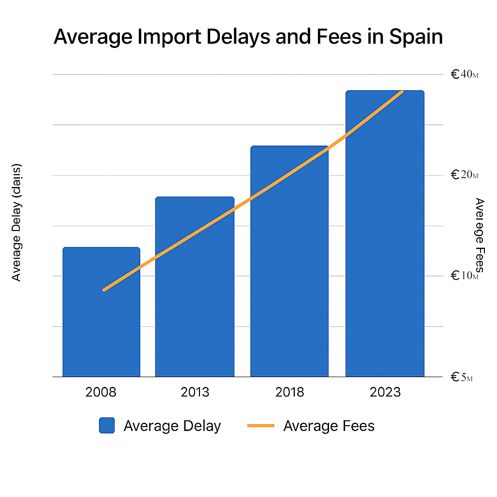 Revenue from Delayed Import Fees in Spain (2010–2024) Importing into Spain – annual revenue from delayed customs charges (€0–€80M) | Xaviour Holding